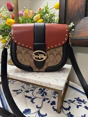 Coach Georgie Saddle Bag Colorblock  Rust Flap & Black Trim